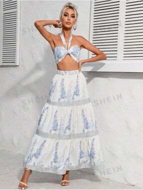 SHEIN Vacay Plants Print Tie Backless Halter Top and Skirt Set